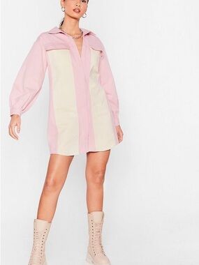 NEW With Tags Nasty Gal Denim Baby Pink Shirt Dress with Cream Panels | Size:6US